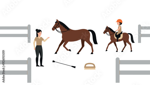 equestrian training set with horse trainer rider horse whip and brush flat style