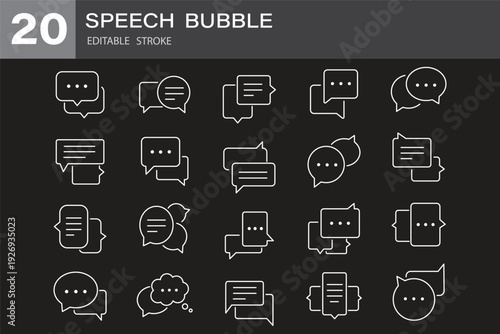 Speech bubble line icon set. Message  chat  dialogue icons. Chat bubble  talk bubble sign. Cloud speech bubbles collection. Talk bubbles with editable stroke. Thin line speech bubble icon set of 21