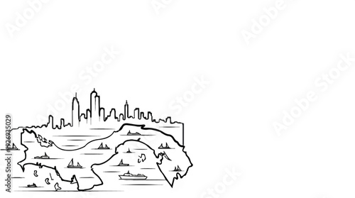 Stylized black outline of a coastline with a city skyline and boats on water