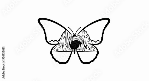 Stylized butterfly wings reveal a mountain cave entrance within a dramatic landscape