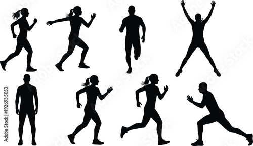 Running people silhouettes set, men and women jogging, fitness training poses, workout exercise collection, black vector isolated on white background illustration
