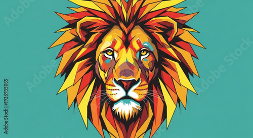A vibrant illustration of a lion's head with a colorful mane on a teal background