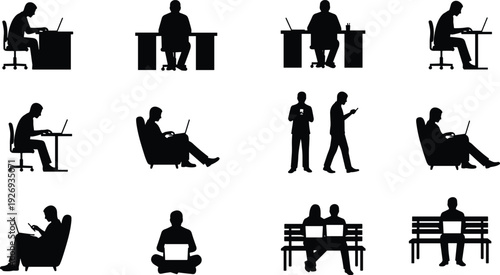 People working on laptop silhouettes set, office desk, home and park bench remote work vector isolated on white background