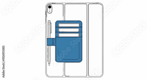 Stylized illustration of a tablet case with stylus and card holder