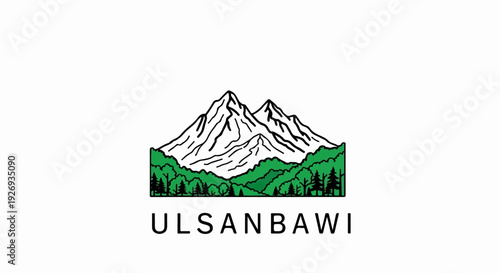 Stylized mountain range with forest foreground and text below