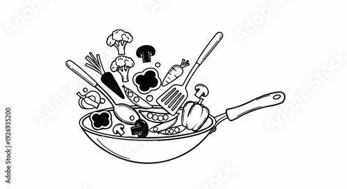 Wok brimming with fresh vegetables and cooking utensils in a dynamic splash