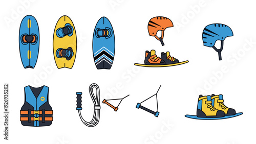 collection of hand drawn wakeboarding gear with boards helmets boots vests and handles