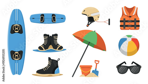 summer beach sports equipment collection with kiteboard life vest helmet and accessories in hand drawn style