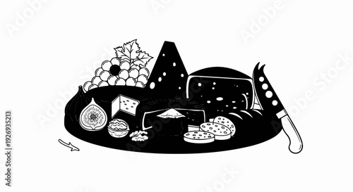 A black and white illustration of a cheese board with fruits and nuts