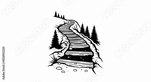 Wooden steps ascend a rocky forest path bordered by trees