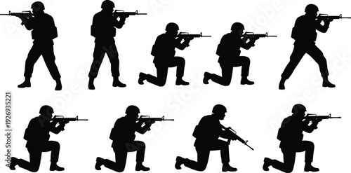 Soldier silhouettes aiming rifle, military combat poses set, armed forces tactical positions, black vector illustration isolated on white background collection