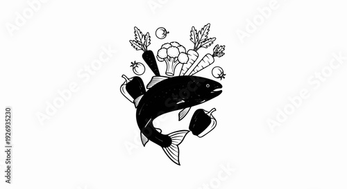 A black and white illustration of a fish surrounded by fresh vegetables