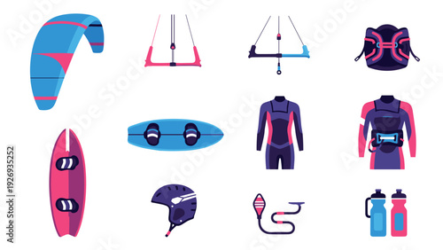 kitesurfing equipment set with kite board wetsuit helmet harness water bottles and control bars in flat style