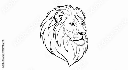 A black and white illustration of a majestic lion's head with a full mane