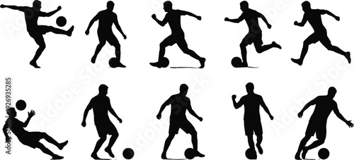 Soccer player silhouettes set, football athletes dribbling kicking ball, sport action poses vector illustration isolated on white background collection