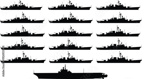 Warship silhouettes collection, naval military ships set, destroyer frigate cruiser and aircraft carrier vector illustration isolated on white background