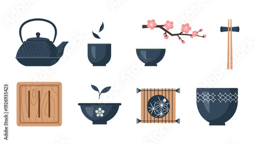 set of hand drawn traditional asian tea utensils with teapot cups bamboo mat and chopsticks for tea ceremony