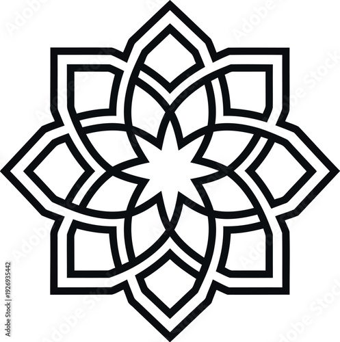 Elegant black and white geometric eight-pointed star mandala design featuring intricate interlocking knotwork patterns centered perfectly for abstract cultural decoration.