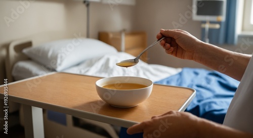 Patient Eating Soup in Hospital Room