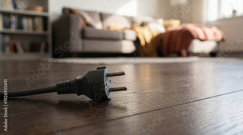 Unplugged power plug on wooden floor in living room suggests digital detox for mental recovery and peaceful home environment