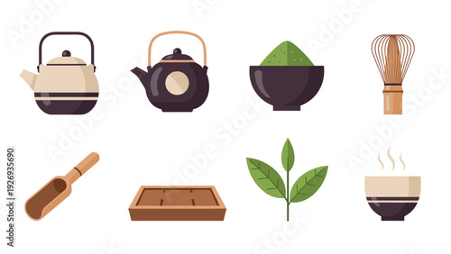set of hand drawn traditional tea ceremony equipment teapots whisk bowls and tea leaves flat style