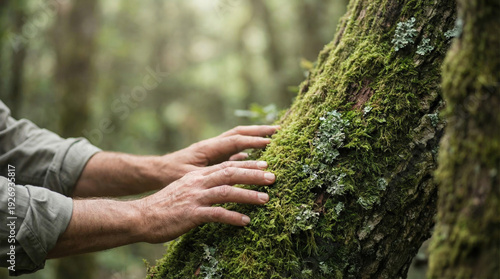 Digital detox mental recovery concept with hands touching moss on tree trunk in forest nature calm peaceful healing