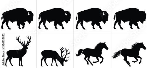 Wild animal silhouette collection featuring bison, deer, and running horse isolated on white background, black vector illustration set for wildlife design, logo, and graphic projects.