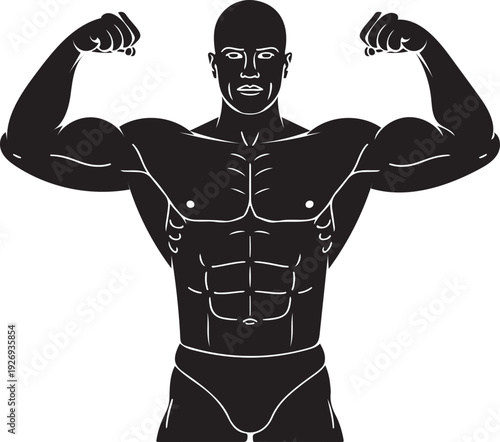 Silhouette of a muscular bodybuilder flexing biceps and showing defined abdominal muscles