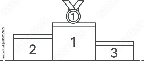 Simple black and white outline vector illustration depicting a classic sports winner's podium featuring first second and third place levels with a first place medal hanging above the highest tier.