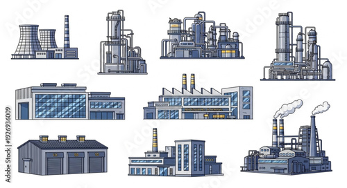 Various industrial buildings and factories with chimneys and smoke, a visual representation.