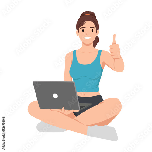 Young Fitness Woman Using Laptop and Showing Thumbs Up While Sitting Cross Legged. Flat vector illustration isolated on white background