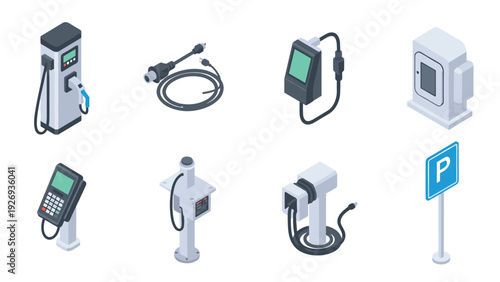 electric car charging station equipment set in isometric style with cables connectors and parking sign