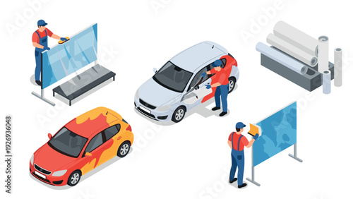 isometric car wrapping service with workers applying vinyl film and colorful wrapped cars in vector illustration