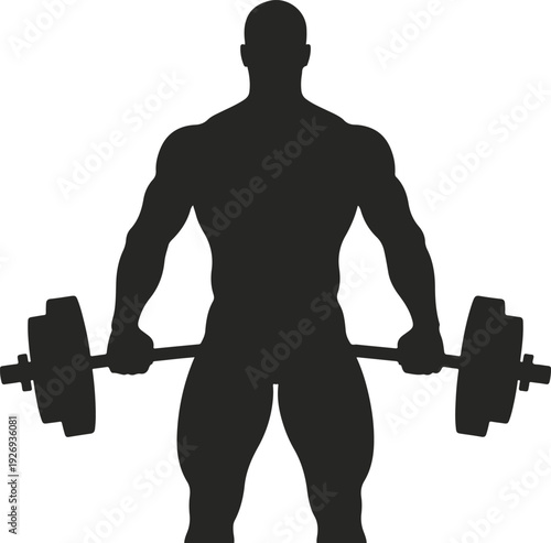 Silhouette of a muscular bodybuilder holding a heavy barbell with weight plates