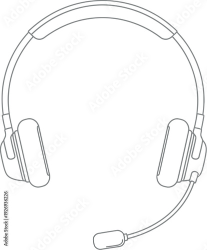 Simple black line art illustration of over the ear communication headset featuring dual earcups and an attached flexible boom microphone perfect for online meetings or gaming setup icons