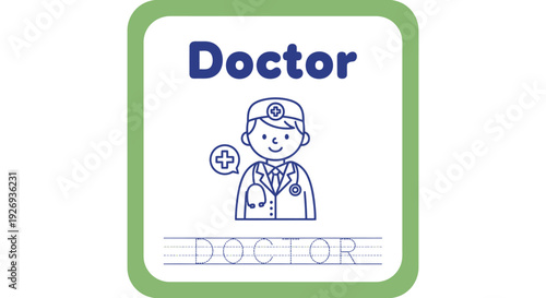 Doctor illustration for kids, profession learning card
