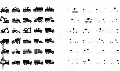 Construction Vehicle Icons Set with Trucks Excavators Bulldozers Cement Mixers and Heavy Equipment Silhouettes Vector Collection