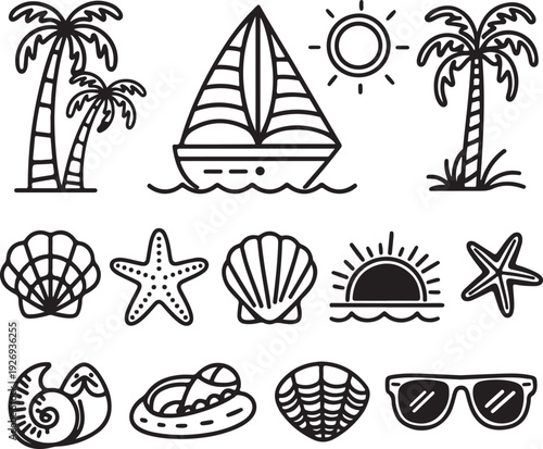 Black and white beach icons including palm trees sailboat seashells