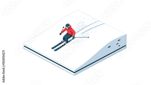 isometric skier in red jacket skiing downhill on snowy slope winter sports illustration