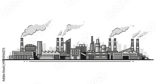 Industrial cityscape illustration depicting factories with smoke stacks and emissions, pollution concept.