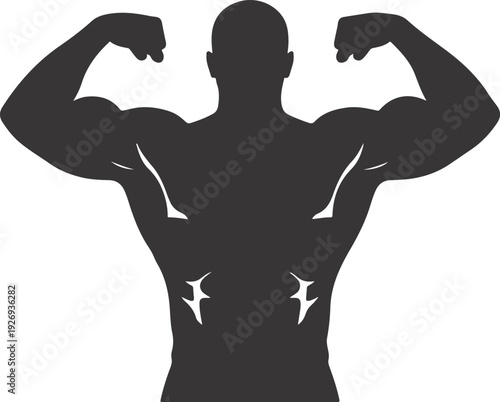 Silhouette of a muscular man flexing his biceps and showing his defined back muscles