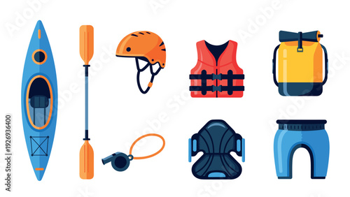 set of kayaking equipment including kayak paddle helmet life jacket dry bag whistle seat and shorts in flat style