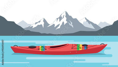 red kayak floating on lake with snowy mountains in flat minimalist style