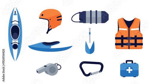kayaking gear set with kayak paddle helmet life jacket whistle first aid kit and carabiner in flat style