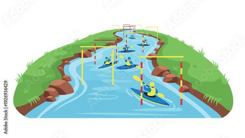 kayakers navigating slalom course on river in colorful flat vector style