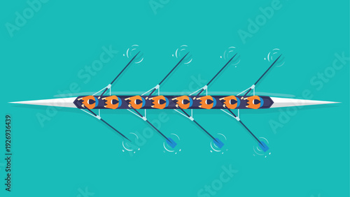 top view of a rowing team with four rowers in a boat flat vector illustration