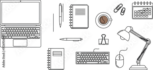 Collection of essential office supplies and modern technology icons including a laptop keyboard mouse desk lamp notebook and coffee cup for remote work themes