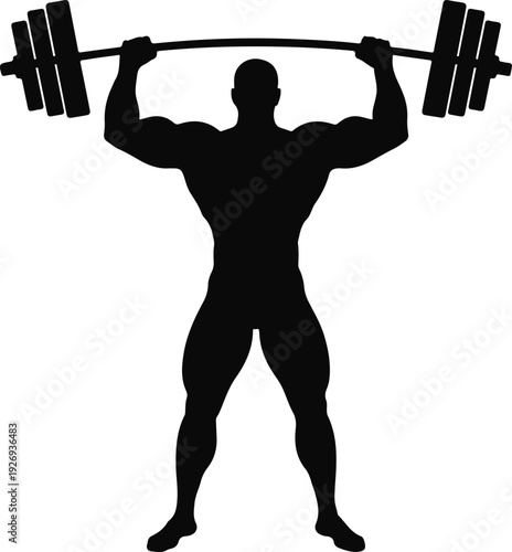 Silhouette of a muscular man lifting a heavy barbell overhead during a weightlifting competition