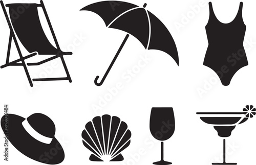 Summer vacation icons beach symbols black and white