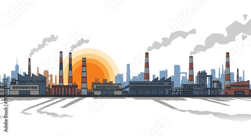 Industrial landscape with factories and pollution, environmental concerns.